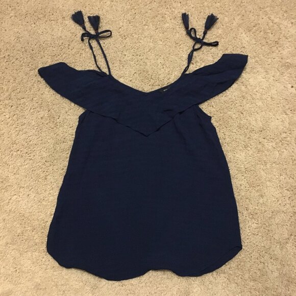 RW&CO. Navy Blue Off Shoulder Tasseled Rayon Beach House Tank Top - Picture 11 of 14